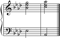 The key is A-flat major. The pitches of the first chord are E-flat-B-flat-E-flat-G. The pitches of the second chord are A-flat-C-E-flat-A-flat.