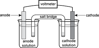 Two beakers the first beaker has an anode solution and the second beaker has a cathode solution.