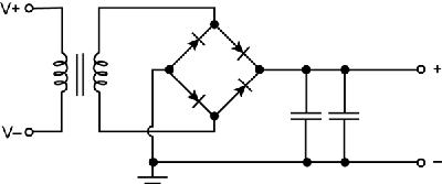 This circuit diagram depicts voltage source, labeled V positive and V negative, with multiple components.
