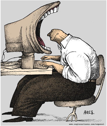The image is an editorial cartoon in which a man is seated squarely at a computer station.  The computer monitor appears to have a wide-open mouth, into which the man has inserted his head.