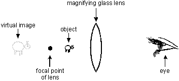diagram A illustrates an object between a magnifying lens and the focal point of the lens