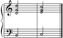 The key is C major. The pitches of the first chord are B-D-G-D. The pitches of the second chord are C-E-G-C.