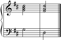 The key is D major. The pitches of the first chord are G-G-B-D. The pitches of the second chord are D-F-sharp-A-D.