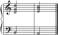 The key is A minor. The pitches of the first chord are B-D-G-D. The pitches of the second chord are A-E-A-C.