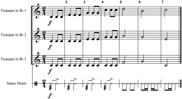 The meter of the excerpt is two-four time. The snare drum part contains a quarter-note roll tied to an accented quarter note.