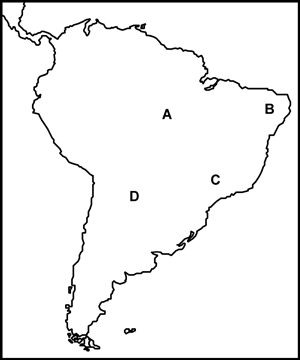 A map of South America with labels
	A, B, C, and D. 