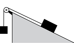 A triangular ramp is shown with a pulley at the top of the ramp. 