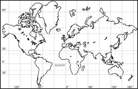 A rectangular world map
	with parallel longitude lines. 