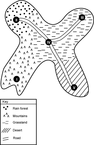 A map shows a land area in the
	shape of a thick, rounded X. 