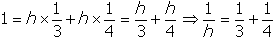 one equals h times one third plus h times one fourth equals h over three baseline plus h over four baseline leads to one over h baseline equals one third plus one fourth