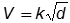 V equals k square root of d