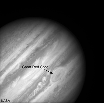 Photo of the Great Red Spot showing the storm centered between two of Jupiter's bands.