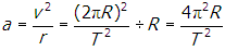 a equals start fraction numerator v squared denominator r end fraction equals start fraction numerator open parenthesis two pi upper r close parenthesis squared denominator t squared end fraction divided by upper r equals start fraction numerator four pi squared upper r denominator t squared end fraction.