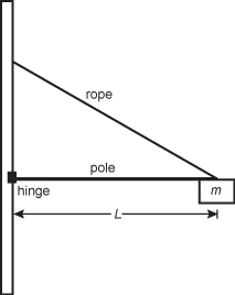 Vertical wall with a horizontal pole attached at a hinge and extending out some distance L. at the end of the pole is a mass labeled m.