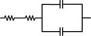 an arrangement of four circuit components. From left to right, they are a resistor in series with a second resistor, which are in turn in series with two capacitors in parallel with one another.