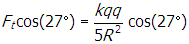 f subscript t baseline cosine twenty seven degrees equals start fraction numerator k q q denominator five r squared cosine of twenty seven degrees