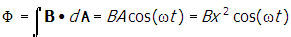 phi equals integral bold upper b dot d upper bold a equals upper b upper a cosine of open parenthesis omega t close parenthesis equals upper b x squared cosine of open parenthesis omega t close parenthesis 