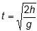 t = the square root of the quantity 2h over g