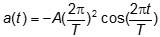 a of t = negative upper A (2 pi over upper T) squared cosine (2 pi t over upper T).