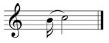 Single staff with one measure in treble clef. Sixteenth note on B connected with a slur to a half note on C.