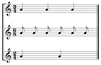 Three single staves in treble clef connected by a bracket. First staff. Three-four meter. Three quarter notes on A. Second staff. Six-eight meter. Six eighth notes on A. Third staff. Two-four meter. Two quarter notes on A.