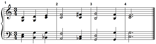 The item contains a four-measure chorale texture in C major with three-four meter. The last beat of measure 2 contains the pitches A-flat, C, C, and F-sharp.