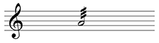 Single staff, treble clef. One half note with three short slashes intersecting the stem.