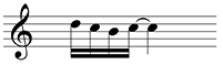 Single staff, treble clef. Four beamed sixteenth notes, one isolated quarter note. Tie extending from the last sixteenth note to the isolated quarter note.