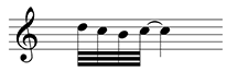 Single staff, treble clef. Four beamed thirty-second notes, one isolated quarter note. Tie extending from the last sixteenth note to the isolated quarter note.