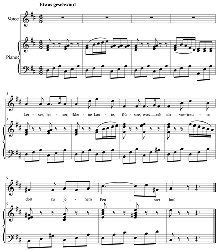 Sheet music consisting of a single staff for voice and a grand staff
	for piano. 