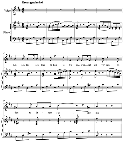 Sheet music consisting of a single staff for voice and a grand staff
	for piano. 