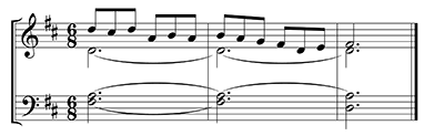 Grand staff. Key of G major, six
	over eight time signature. 