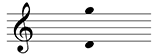 Single staff, treble clef. Two quarter notes, both without stems. One note is on the D just below staff. The other is on the G just above staff.