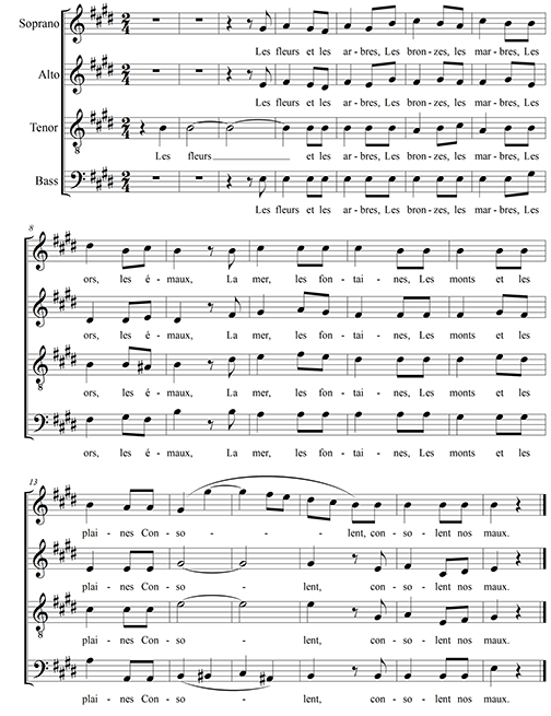 Four staves joined by a bracket. Soprano, alto, tenor, and bass. 