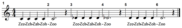 The item contains a six-measure warm-up based on a two-measure motive. The two-measure idea consists of five repeated notes on middle C with measure 1 containing four quarter notes and measure 2 containing a dotted-half note. The lyrics are zee-zeh-zah-zoh-zoo. The two-measure idea occurs on D-flat in mm. 3-4 and D-natural in mm. 5-6.