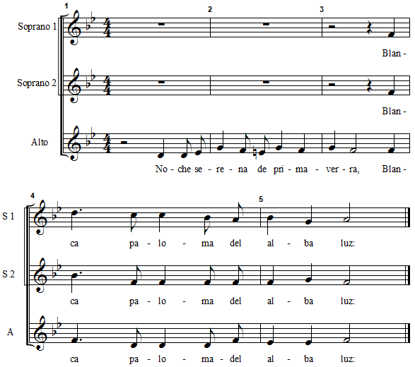 The item contains a five-measure excerpt from the beginning of a Mexican folk song entitled "Noche Serena" arranged for SSA choir. The song is in B-flat major and common time