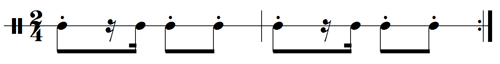 The item contains a two-measure rhythm for snare drum. Both measures are identical. The time signature is two four and consists of an eighth note, a sixteenth-note rest, a sixteenth note, and two eighth notes.