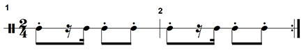 The item contains a two measure rhythm for snare drum. Both measures are identical. The time signature is two-four and the rhythm consists of an eighth note, a sixteenth rest, a sixteenth note, and two eighth notes.