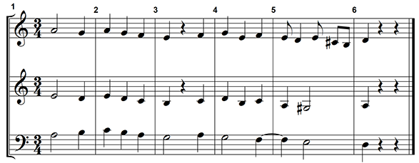 Single system with two treble clefs and one bass clef.