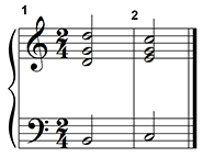 The key is C major. The pitches of the first chord are B D G D. The pitches of the second chord are C E G C.