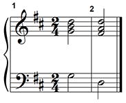 The key is D major. The pitches of the first chord are G G B D. The pitches of the second chord are D F sharp A D.