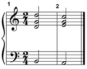 The key is C major. The pitches of the first chord are B D G D. The pitches of the second chord are A E A C.