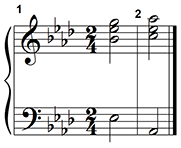 The key is A-flat major. The pitches of the first chord are E flat B flat E flat G. The pitches of the second chord are A flat C E flat A flat.